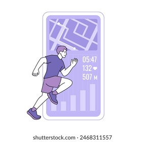 Illustration of a man running with fitness tracking app showing route, time, heart rate, and distance. Flat design for health and fitness concept.