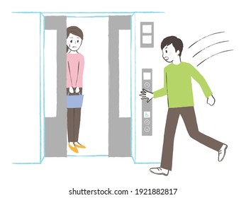 illustration of man  running into elevater