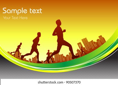 illustration of man running in marathon race in city backdrop