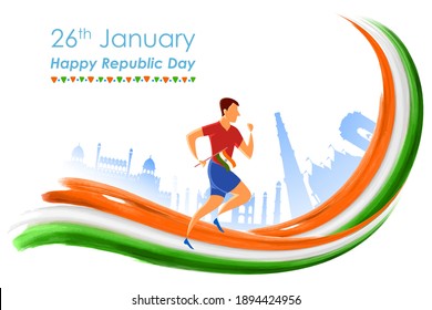 illustration of man running on Famous Indian monument background for Happy Republic Day of India