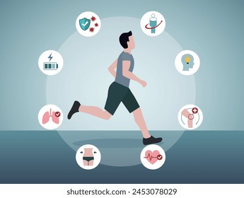 Illustration of man running on the road. Vector fitness infographics healthy lifestyle and sport. Sport icon flat design. Benefits of running infographic or poster.