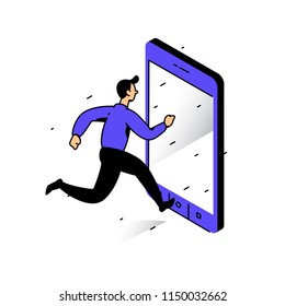 Illustration of a man running to the phone. Vector illustration. Catch the bell. Image is isolated on white background. Dependence on the phone and the Internet. Metaphor. The man in the phone.