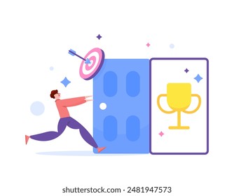 illustration of man running towards the door to get the trophy. processes and efforts to achieve victory and success. chance of success. become champion. goals and targets. concept design. graphic