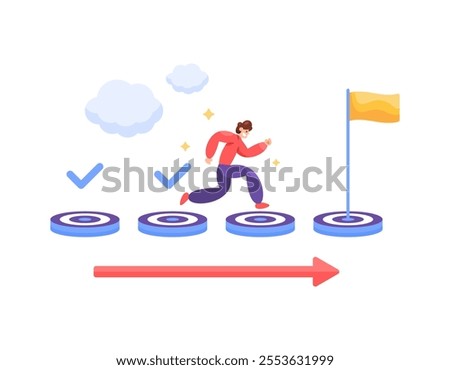 an illustration of a man running towards the final goal and flag. efforts to achieve success and complete tasks and targets. ambition and moving forward. concept of process and progress. flat style
