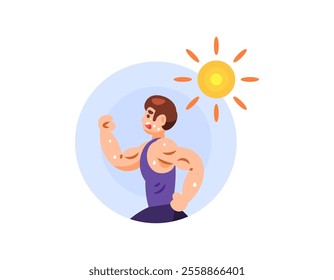 illustration of a man running under the hot sun. thirsty, running and sweating. exposed to the heat of the sun. facial expression. activity or exercise. flat style character design