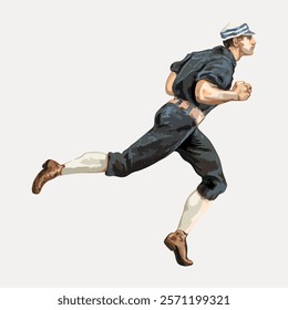 Illustration of a man running, wearing a cap and vintage clothing. The man is in motion, showcasing dynamic movement and athleticism in a classic style. Vintage illustration isolated on white, vector.