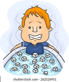 Illustration of a Man with a Runny Nose Soaking in a Tub Filled with Ice Cubes