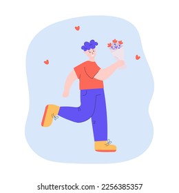 Illustration of a man runs with bouquet of flowers