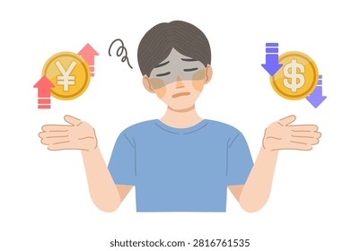 Illustration of a man saddened by the strong yen and weak dollar.