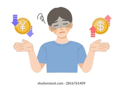 Illustration of a man saddened by the weak yen and strong dollar.