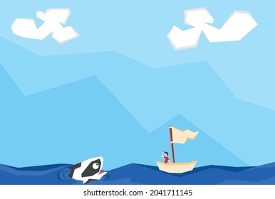 An illustration of a man sailing in the sea with blue sky and meet the whale