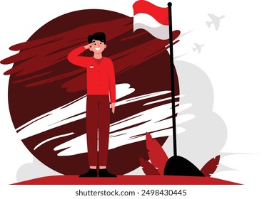 illustration of a man saluting the Indonesian flag, a strong illustration with a high spirit of nationalism and full of enthusiasm. concept illustration of Indonesian independence day vector