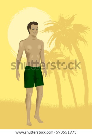 Illustration of man at sand beach with palms