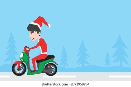 An illustration of a man with Santa Claus costume riding scooter