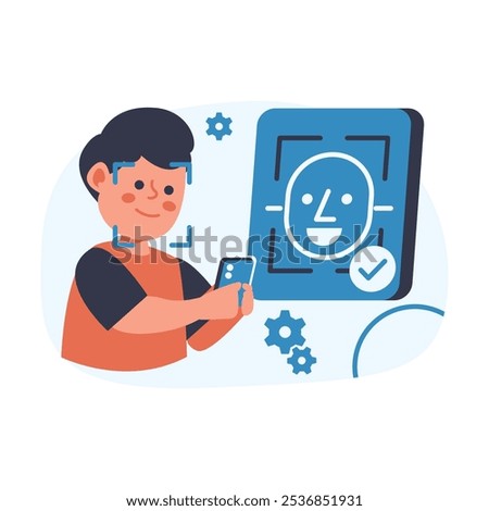 Illustration of a man scanning his face with a smartphone, representing facial recognition technology. A digital screen displays a verified face icon in the background.