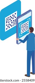 Illustration of a man scanning a QR code with his smartphone