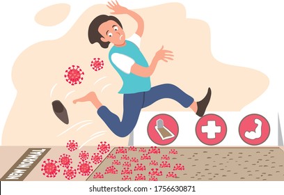 illustration man scared and frightened by his surroundings 
because of the corona virus at a new normal condition