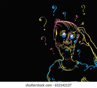 Illustration of a man scratching his head in stress, on black