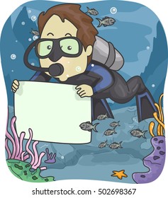 Illustration of a Man in Scuba Diving Gear Holding a Blank Board Underwater