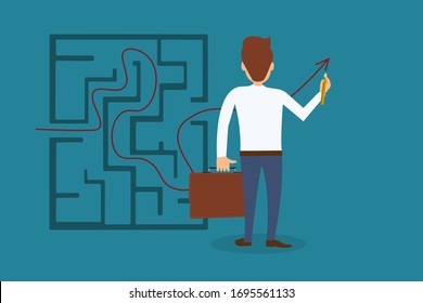 Illustration of man searching exit out of maze drawing strategy on blue background