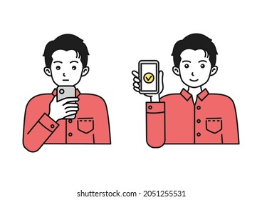 Illustration of a man searching on a smartphone or showing a screen