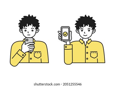 Illustration of a man searching on a smartphone or showing a screen