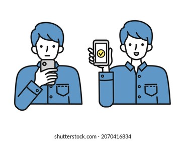 Illustration of a man searching on a smartphone or showing a screen 