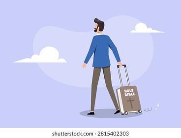 An illustration of a man seen from behind, wearing a dark blazer and light pants, walking forward while pulling a suitcase prominently labeled “Holy Bible” with a cross symbol