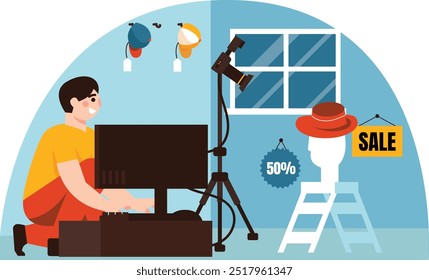 Illustration of a man selling online, this illustration is a marketing promotion using technology. Flat illustration with colorful combination 