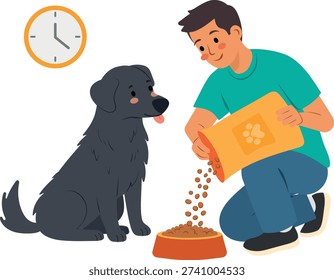 Illustration of a man serving kibble to a black Labrador dog