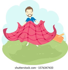 Illustration of a Man Setting Up and Laying Down a Gingham Cloth on the Grass with a Picnic Basket