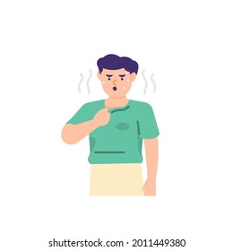 illustration of a man shaking the collar of his shirt to cool off. hot people. sweating. flat cartoon style. vector design