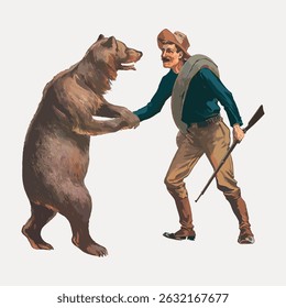 Illustration of a man shaking hands with a bear. The man, wearing a hat and holding a rifle, interacts with the bear. The scene depicts an unusual encounter. Vintage character art illustration vector.