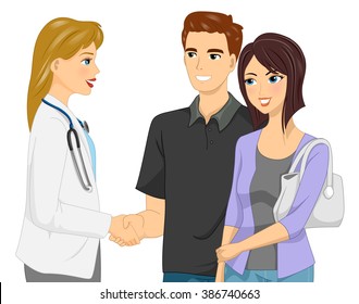 Illustration of Man Shaking Hands with a Doctor Together with His Wife