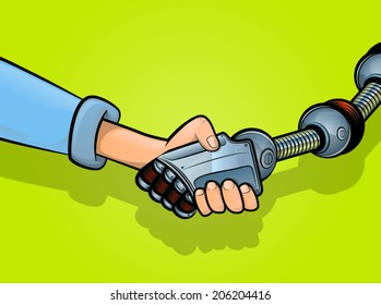 Illustration of a man shaking hands with a robot arm/Shaking Hands with Technology
