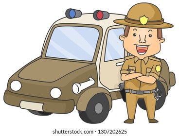 Illustration of a Man Sheriff Wearing Uniform and Standing Beside His Car