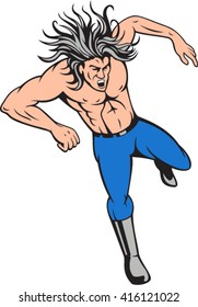 Illustration of a man shirtless with big hair jumping viewed from front set on isolated white background done in cartoon style. 