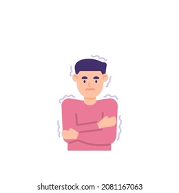 illustration of a man shivering in the cold and hugging himself to warm himself. effects or symptoms of fever and flu. flat cartoon style. vector design