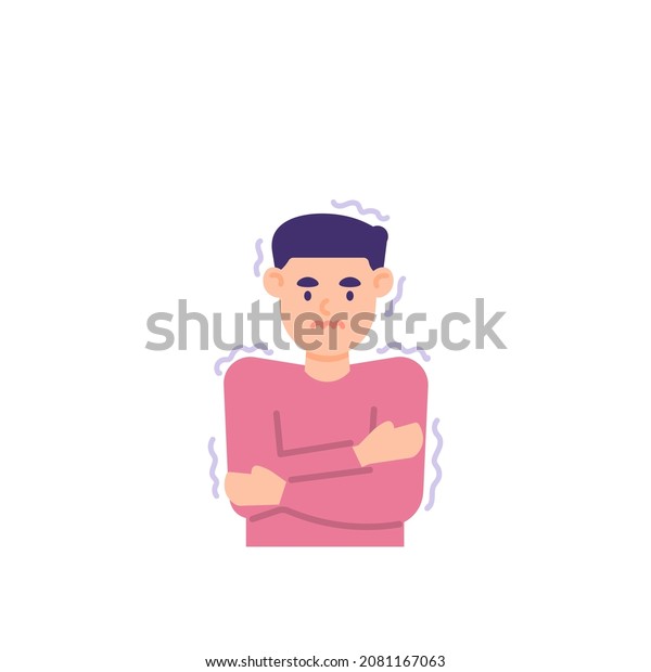 illustration of a man shivering in the cold and\
hugging himself to warm himself. effects or symptoms of fever and\
flu. flat cartoon style. vector\
design