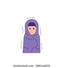 illustration of a man shivering in the cold and wearing a blanket to warm himself. blanket or cover the body using a cloth. effects or symptoms of fever and flu. flat cartoon style. vector design