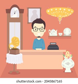 Illustration Of Man In Shop Counter With Grandfather Clock, Gramophone, Vase, Chandelier And Other Antique Items On Sale