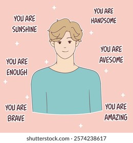 Illustration of a man with short blonde hair, wearing a light blue shirt, surrounded by affirmations like "You are awesome" and "You are brave," promoting self-confidence and kindness