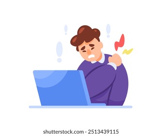 illustration of a man with shoulder and neck pain due to working too long. feeling pain and discomfort in the shoulder. shoulder pain. worker and health problems. flat style character design. elements