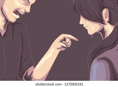 Illustration of a Man Shouting and Pointing at a Crying Girl. Domestic Verbal Abuse