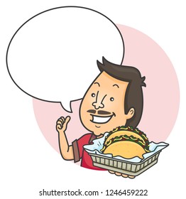 Illustration of a Man Showing a Basket of Tacos with Okay Sign and Blank Speech Bubbles