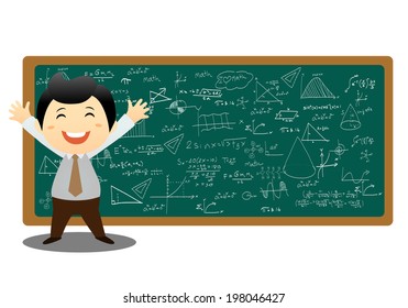 illustration of a man showing graph and math on a white background
