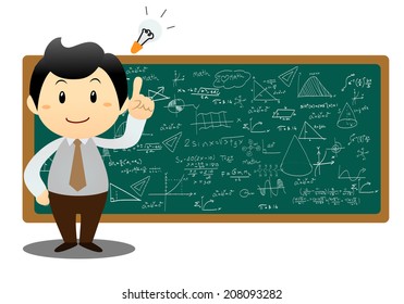 illustration of a man showing graph and math on a white background