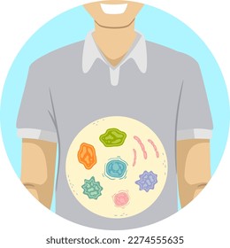 Illustration of a Man Showing Gut Microbiome. Microorganism Mutualism svg