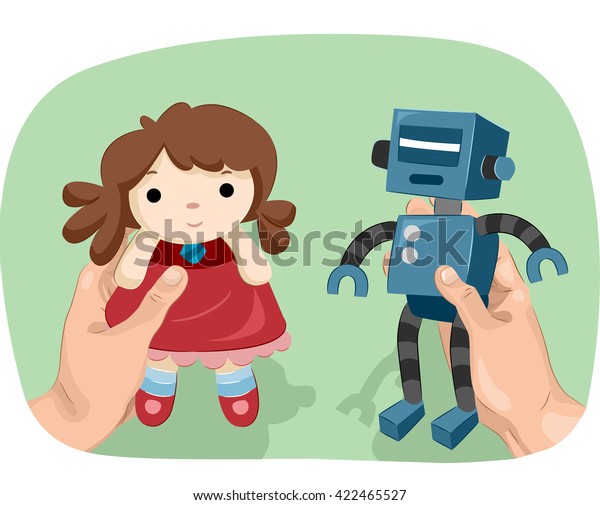 Illustration of a Man Showing a Robot in One Hand\
and a Doll in the\
Other