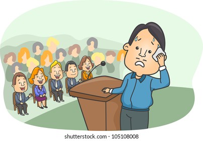 Illustration Of A Man Showing Signs Of Stage Fright Imagining People Laughing At Him